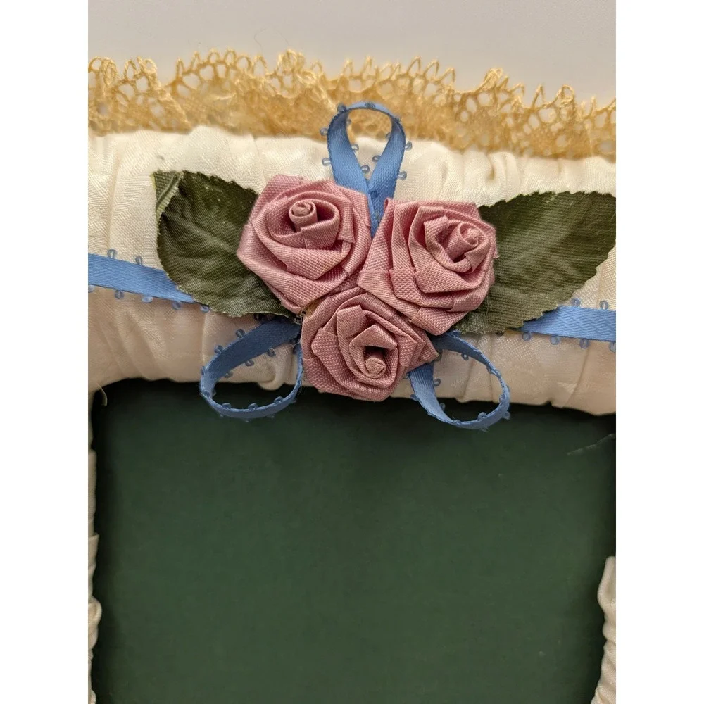 Vintage Grannycore Sateen Picture Frame Blue and Cream Floral Lace Handmade